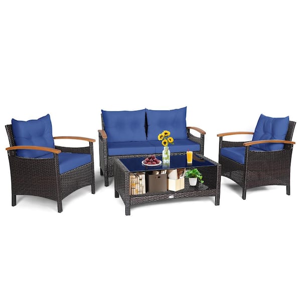 Costway 4-Pieces Wicker Outdoor Sectional Set Sofa Storage Table with Navy Cushions