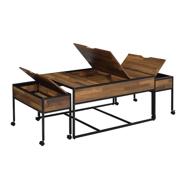 Furniture of America Amberleaf 3-Piece 39.75 in. Black Coating and Walnut Rectangle Wood Nesting Table Set