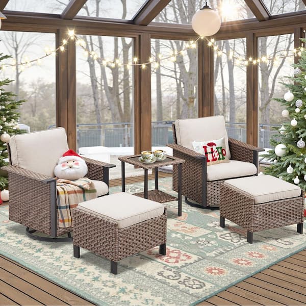 Nyajiah 5-Piece Wicker Patio Conversation Set with Beige Cushions