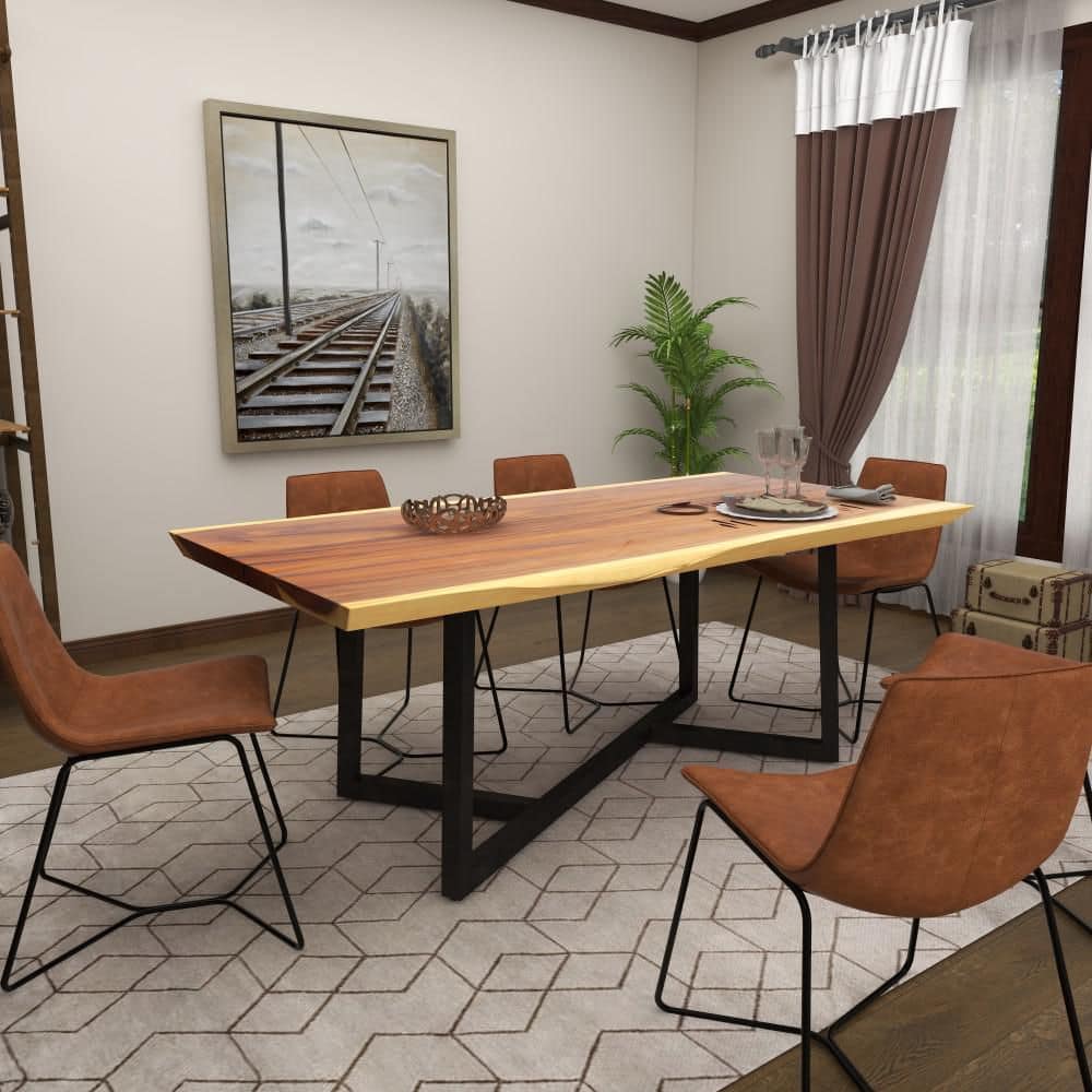 Contemporary Brown Wood Dining Table with Black Metal Base