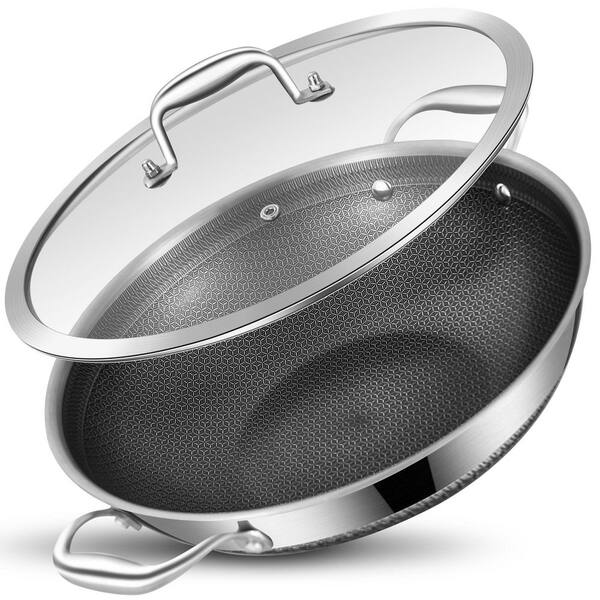 13 Inch Hybrid Tri-Ply Stainless Steel Wok Pan with Lid, Ceramic Nonstick Coating, Induction Compatible, Oven Safe