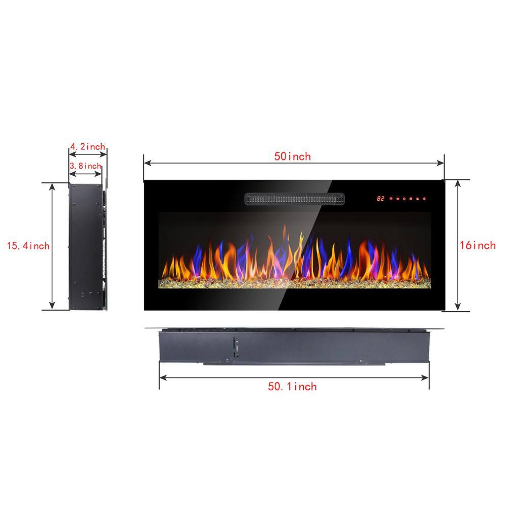 50-Inch Black Tempered Glass Wall Mounted Electric Fireplace with Remote