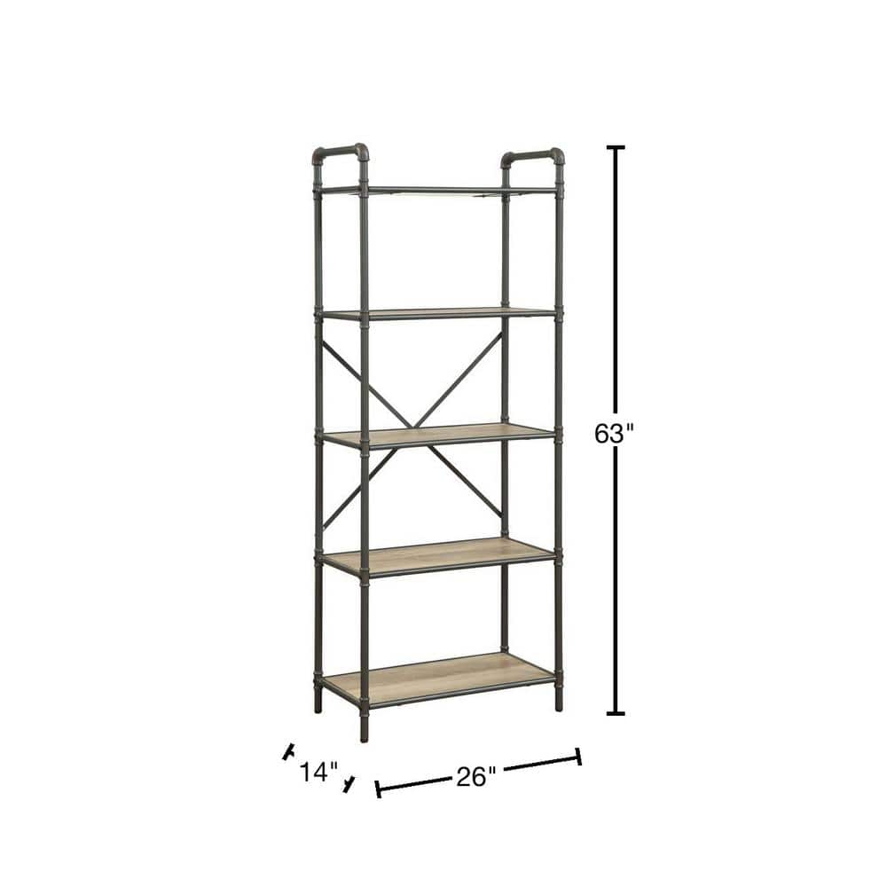 Urban Industrial 5-Tier Antique Oak & Sandy Gray Wooden Bookcase