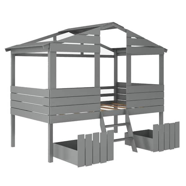HomeRoots Amelia Gray Twin Loft Bed with Ladder and Drawers