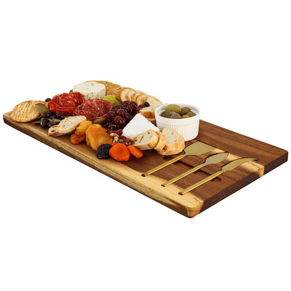 21 x 11 in. Acacia Wood Cheese Board with 3 Piece Knife Set