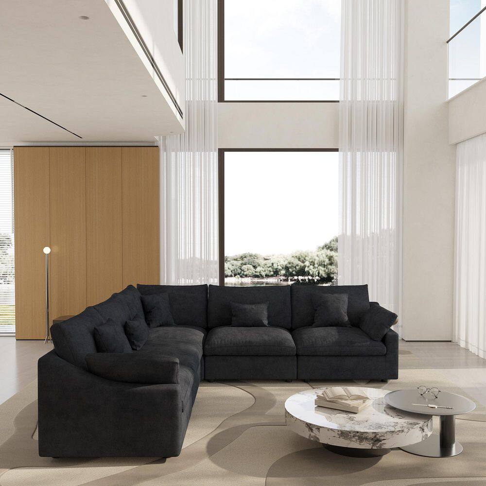 119.3 in. Slope Arm 5-Piece Linen Down Feather Modular Free Combination Sofa with Removable Covers in Black