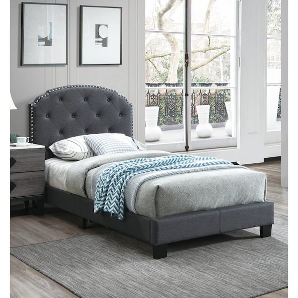 Twin Platform Bed with Button Tufting Design in Charcoal