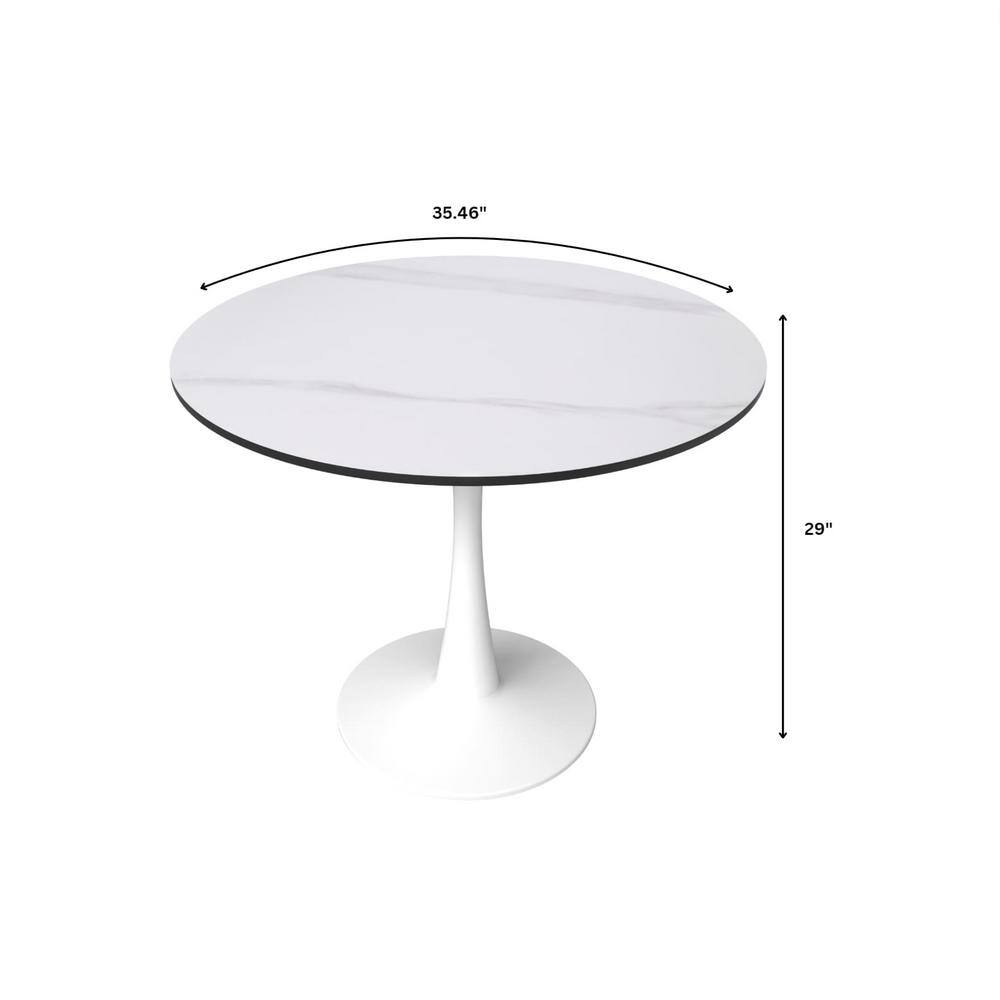 White Round Sintered Stone Dining Table with Steel Pedestal Base