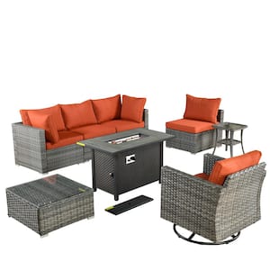 Sanibel Gray 8-Piece Wicker Outdoor Patio Conversation Sofa Sectional Set with a Metal Fire Pit and Orange Red Cushions