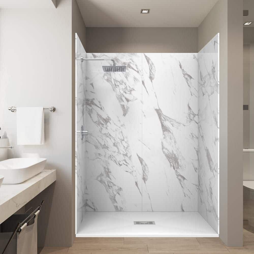 Carrara 32 in. x 60 in. x 84 in. Solid Composite Stone Alcove Shower Kit with Walls and White Pan Base Center Drain price history on PriceWatchPro
