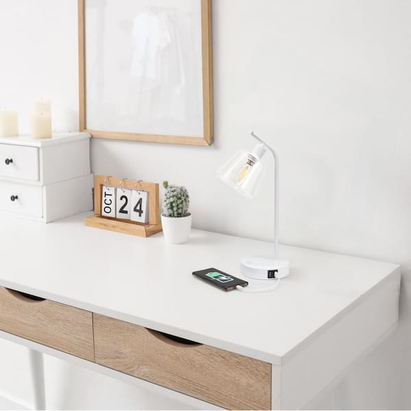 15.75 in White Rechargeable Integrated LED No Design Task & Reading Table Lamp for Living Room with Clear Glass