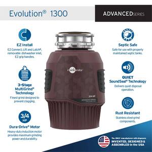 Evolution 1300, 3/4 HP Garbage Disposal, Continuous Feed Food Waste Disposer w EZ Connect Cord & Putty-Free Sink Seal