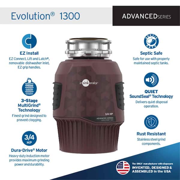 Evolution 1300, 3/4 HP Garbage Disposal with EZ Connect Power Cord and Dual Outlet Switch in Satin Nickel