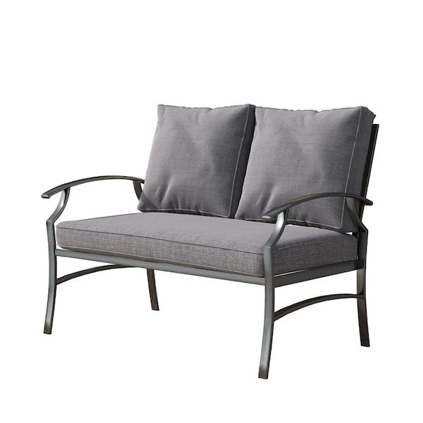 Black Metal Frame Outdoor Patio Loveseat with Gray Cushions