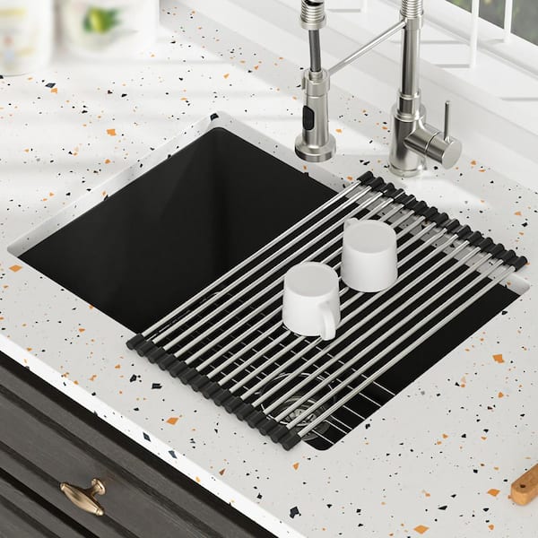 24 in. Undermount Single Bowl Black Quartz Kitchen Sink with Bottom Grids