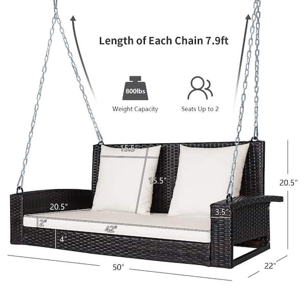 2-Person Black Wicker Outoor Patio Porch Swing with White Cushions