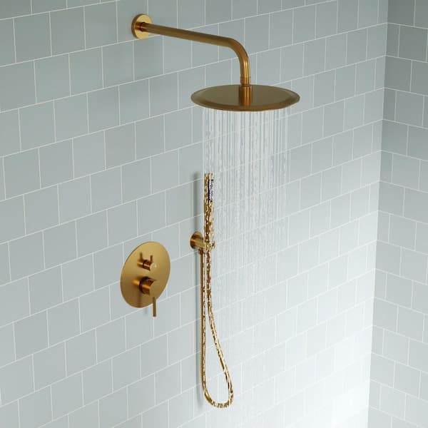 2-Handle 10 in. Round 2.5 GPM Wall Mount 2-Spray Tub and Shower Faucet  in Pressure Balance Brushed Gold Valve Include