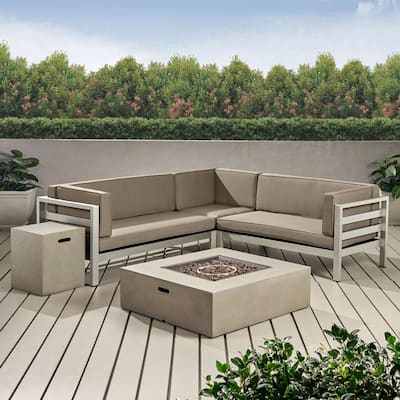 Bel Aire Silver 5-Piece Aluminum Patio Firepit Sectional Seating Set with Khaki Cushions