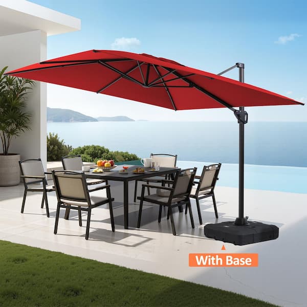  10 ft. x 10 ft. Large Outdoor Aluminum Cantilever 360° Rotation Patio Umbrella in Red with Base Stand Weights