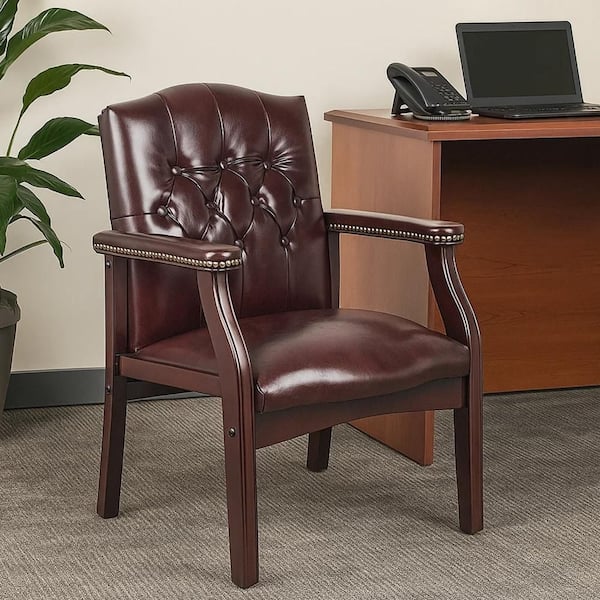 Benjara Anna Vinyl Upholstered Ergonomic Guest Chair in Burgundy