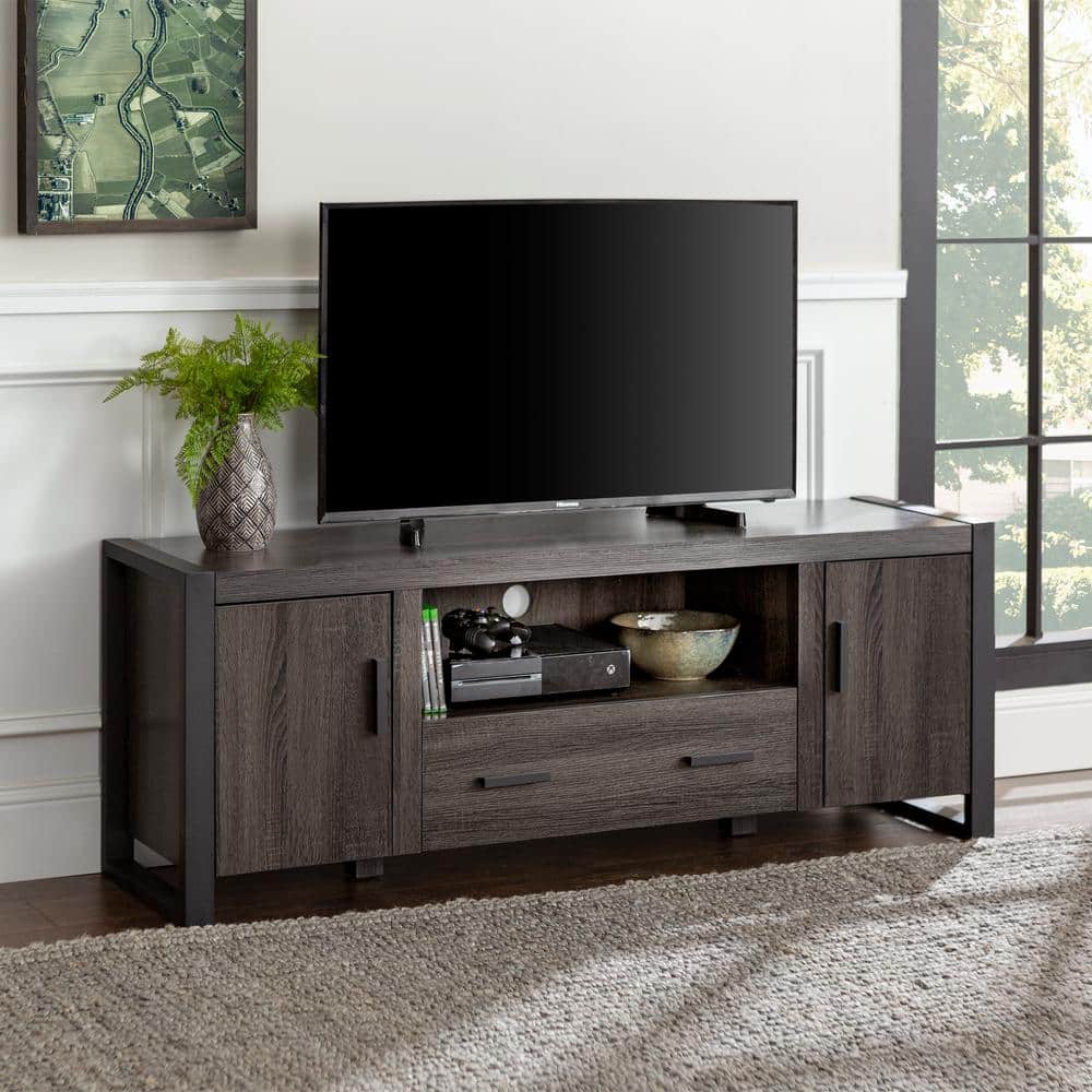 Gray Charcoal 60" Industrial Wood TV Stand with Cabinets