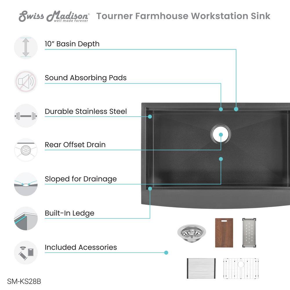 Tourner 33 x 22 Black Stainless Steel Single Basin Farmhouse Sink