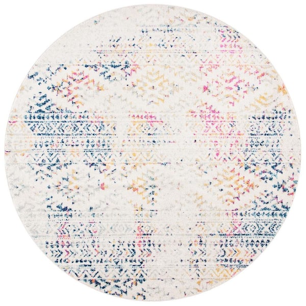 SAFAVIEH Tulum Ivory/Blue 5 ft. x 5 ft. Round Geometric Area Rug