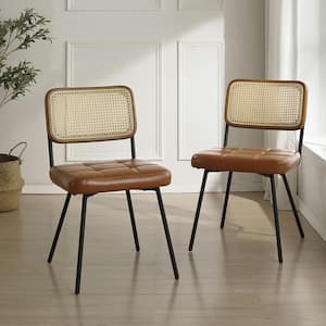 SIASY Brown Faux Leather Accent Cane Side Chair Set of 2