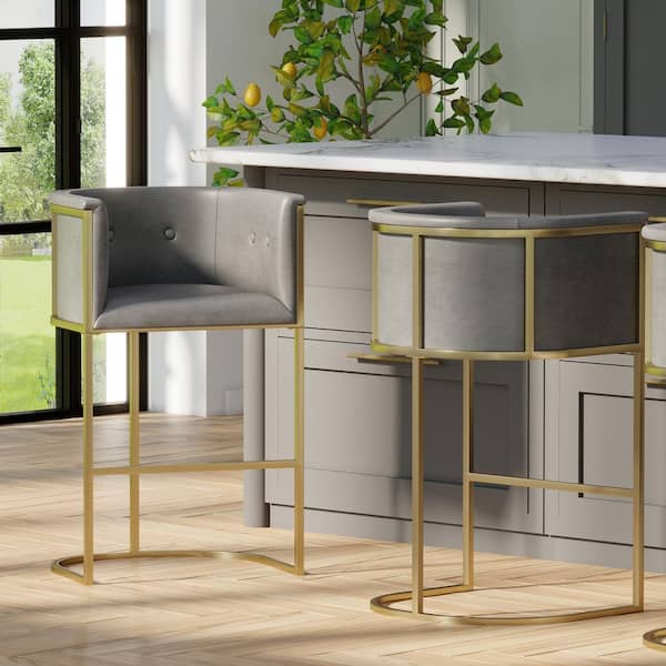 Manhattan 31 in. H Gold Low-Back Metal Bar Stool with Gray Faux Leather Seat, One Stool