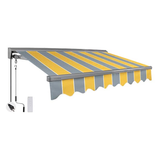 12 ft. Classic Series Semi-Cassette Electric w/ Remote Retractable Patio Awning, Yellow Gray Stripes (10 ft Projection)