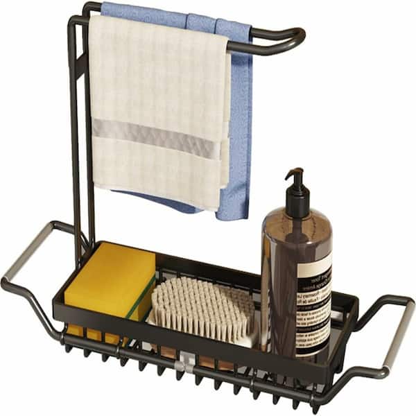 INNOBULE Expandable Black(16.7 in. 21.5 in.) Stainless Steel Telescopic Sink Storage Rack Holder with Soap Dishcloth Towel Holder