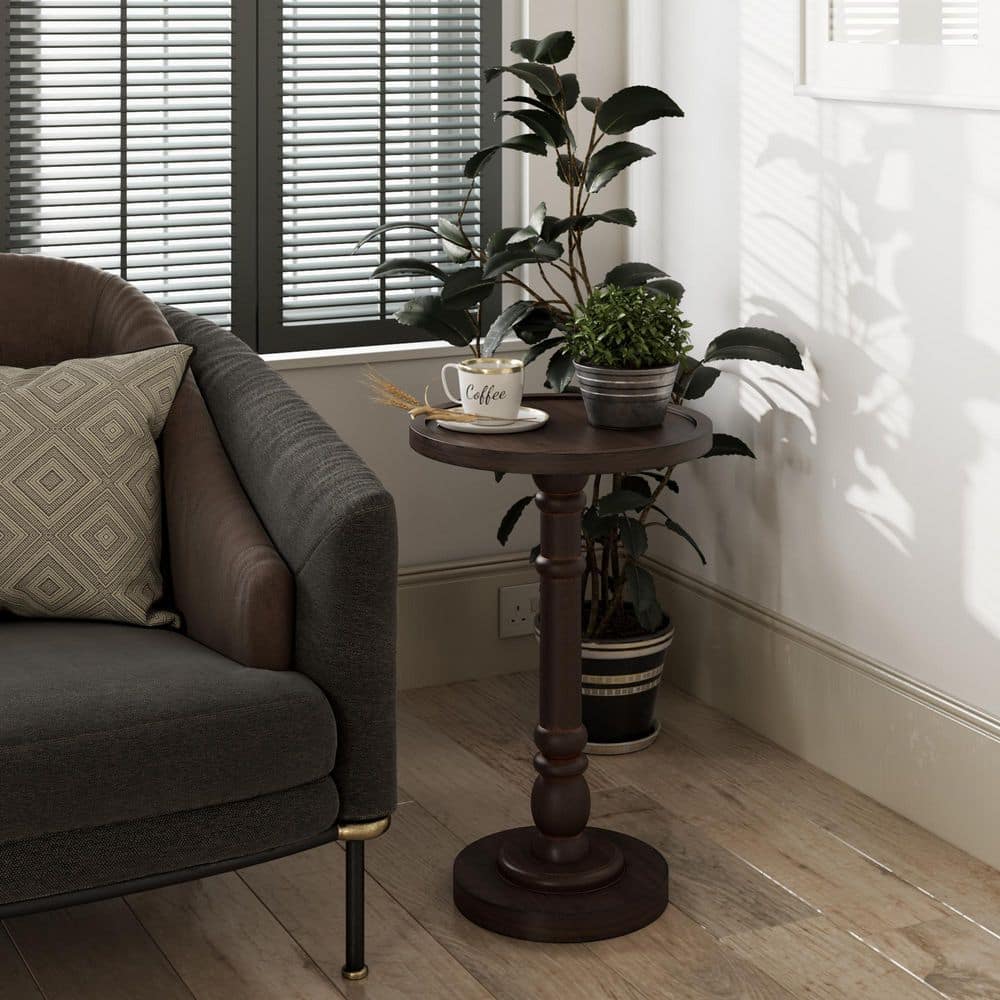 Espresso Round Wood Pedestal Tray Top End Table