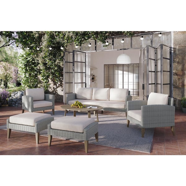 NEW CLASSIC HOME FURNISHINGS New Classic Furniture Carezza 6-Piece Wicker Patio Conversation Sofa Set with Taupe Cushions