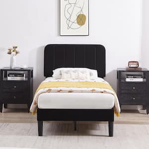 Upholstered Bed, Black Twin Bed Platform BedFrame with Adjustable Headboard, Strong Wooden Slats Support Bed Frame