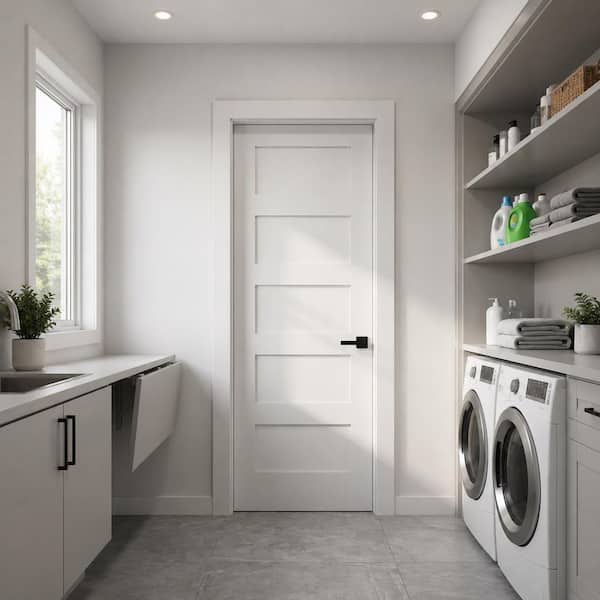32in. x80in. Shaker 5-Panel Left-Hand Primed Solid Core MDF Wood Assembly Required Interior Door Kit w/QuickAssembleJamb