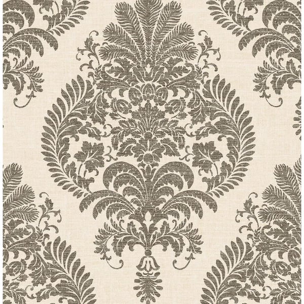 LILLIAN AUGUST Luxe Retreat 27 in. x 27 ft. Charcoal and Ivory Antigua Damask Unpasted Wallpaper