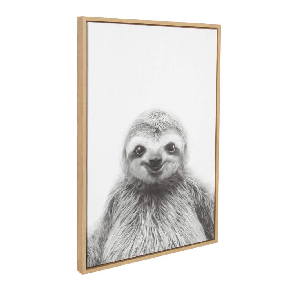 Natural Wood Framed Black and White Sloth Canvas Print