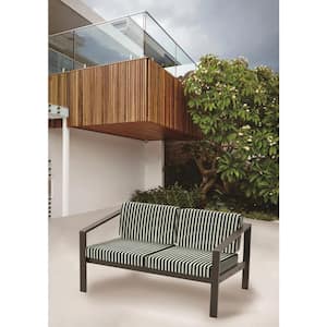 Patio Furniture Black Aluminum Frame Outdoor Couch Double Armchair with Cushions in Green Stripe, Modern Design