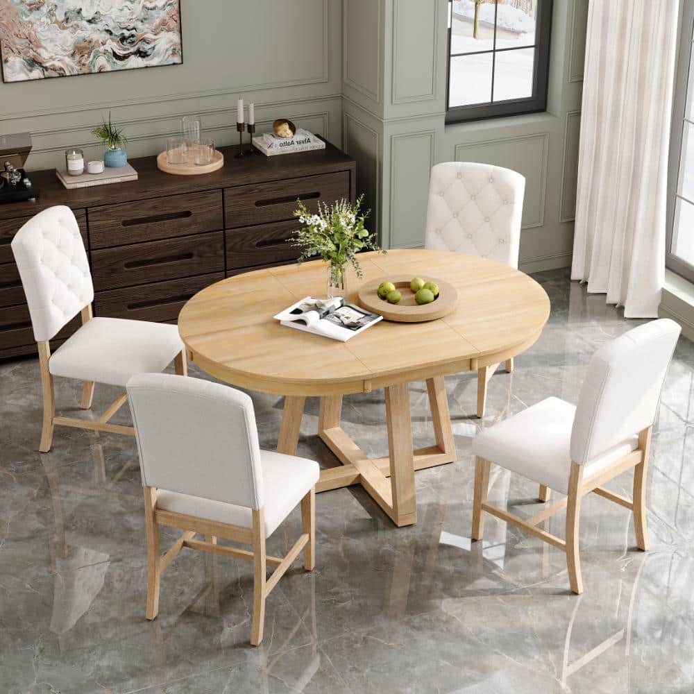 5 Pieces Natural Wood Top Extendable Dining Set with Cusion Seating 4