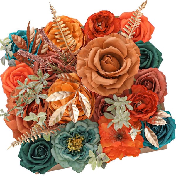 5 in. H Burnt Orange and Teal Artificial Silk Mixed Flowers for