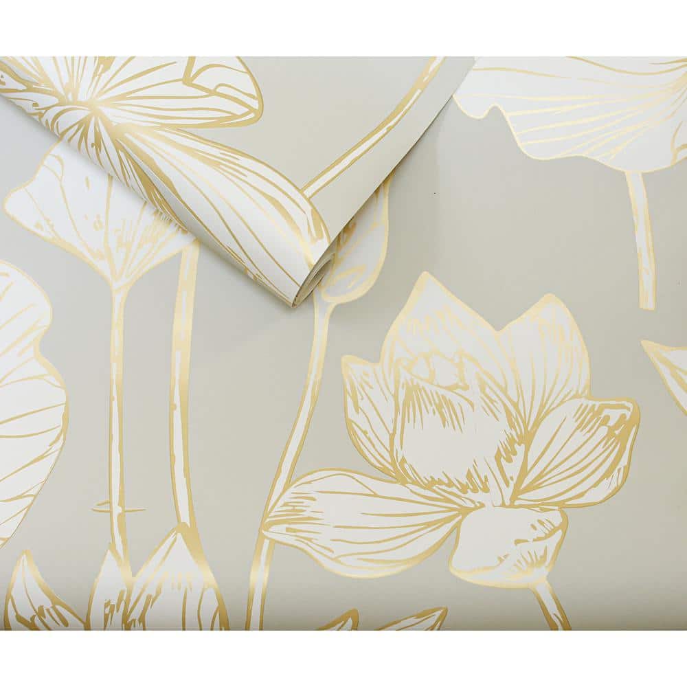 Metallic Gold and Gray Lotus Floral Peel and Stick Wallpaper