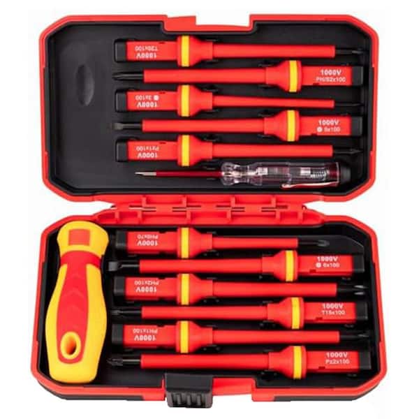 Insulated 8 in. Shank 13 Bit Red and Black Insulated Electrician Screwdriver Set 13-Piece GPSR Certified S2 Steel