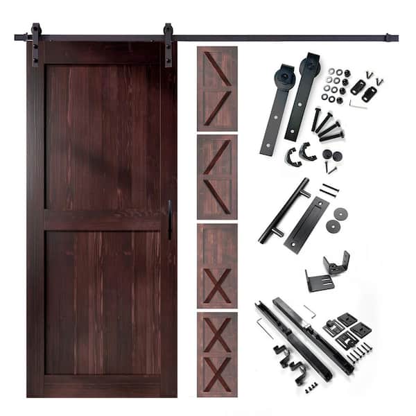 HOMACER 42 in. x 80 in. 5-in-1 Design Red Mahogany Solid Pine Wood Interior Sliding Barn Door with Hardware Kit, Non-Bypass