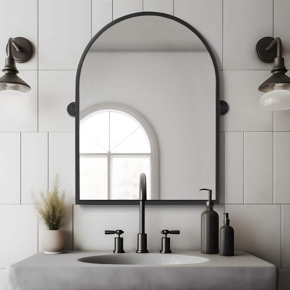 24 in. W x 36 in. H Arched Metal Framed Pivoted Bathroom Wall Vanity Mirror