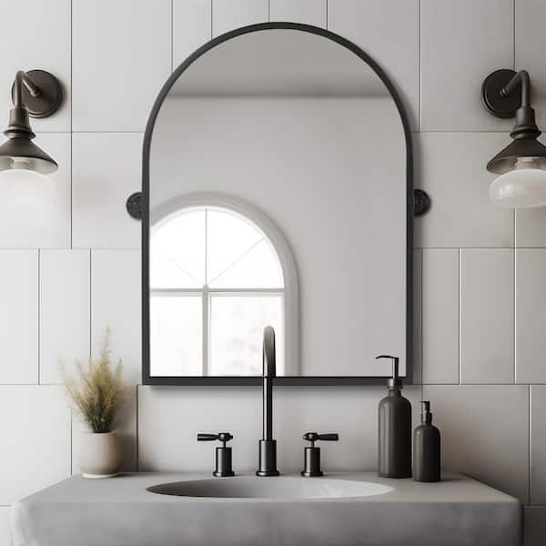 Lirago 24 in. W x 36 in. H Arched Metal Framed Pivoted Bathroom Wall Vanity Mirror in Black
