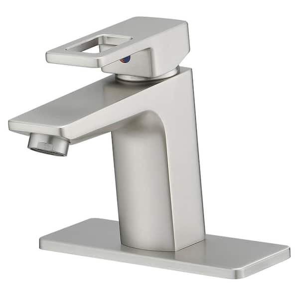 FLG Single Handle Single Hole Bathroom Faucet with Drain Kit and Deckplate Brass Sink Basin Vanity Taps in Brushed Nickel
