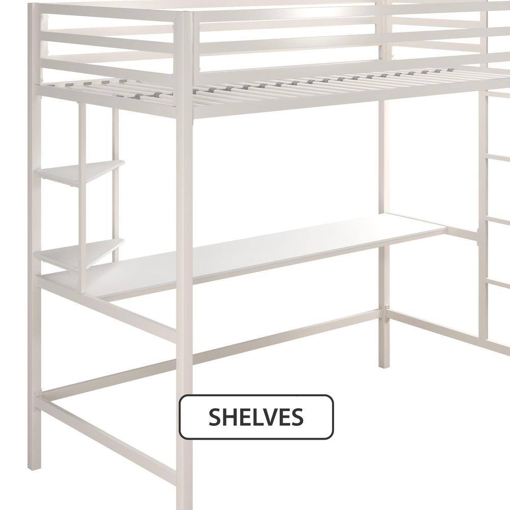 Off-White Twin Metal Loft Bed with Desk and Shelves