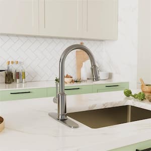 PULL Single-Handle Wall Mount Gooseneck 3-Modes Pull Down Sprayer Kitchen Sink Faucet with Deckplate in Brushed Nickel