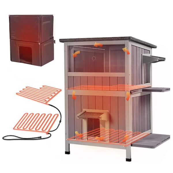 Heated Wooden Cat House, Feral Cat House for Winter with Insulated Liner and Heating Pad