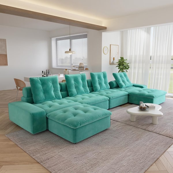 J&E Home 181.1 in. W Square Arm 6-Piece U Shaped Velvet Deep Seat Sectional Sofa with Ottoman in Blue
